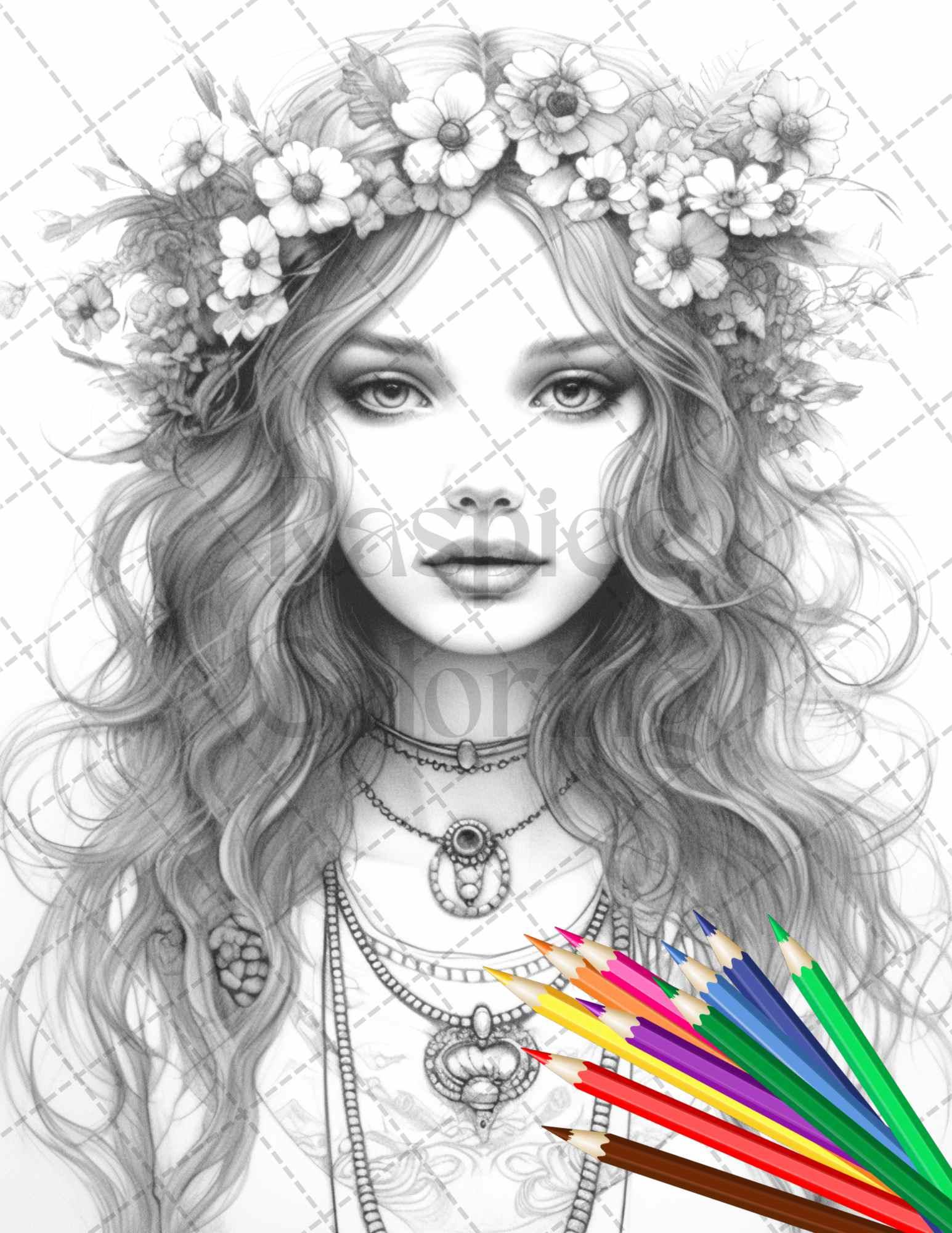 43 Beautiful Hippie Girls Grayscale Coloring Pages Printable for Adults, PDF File Instant Download