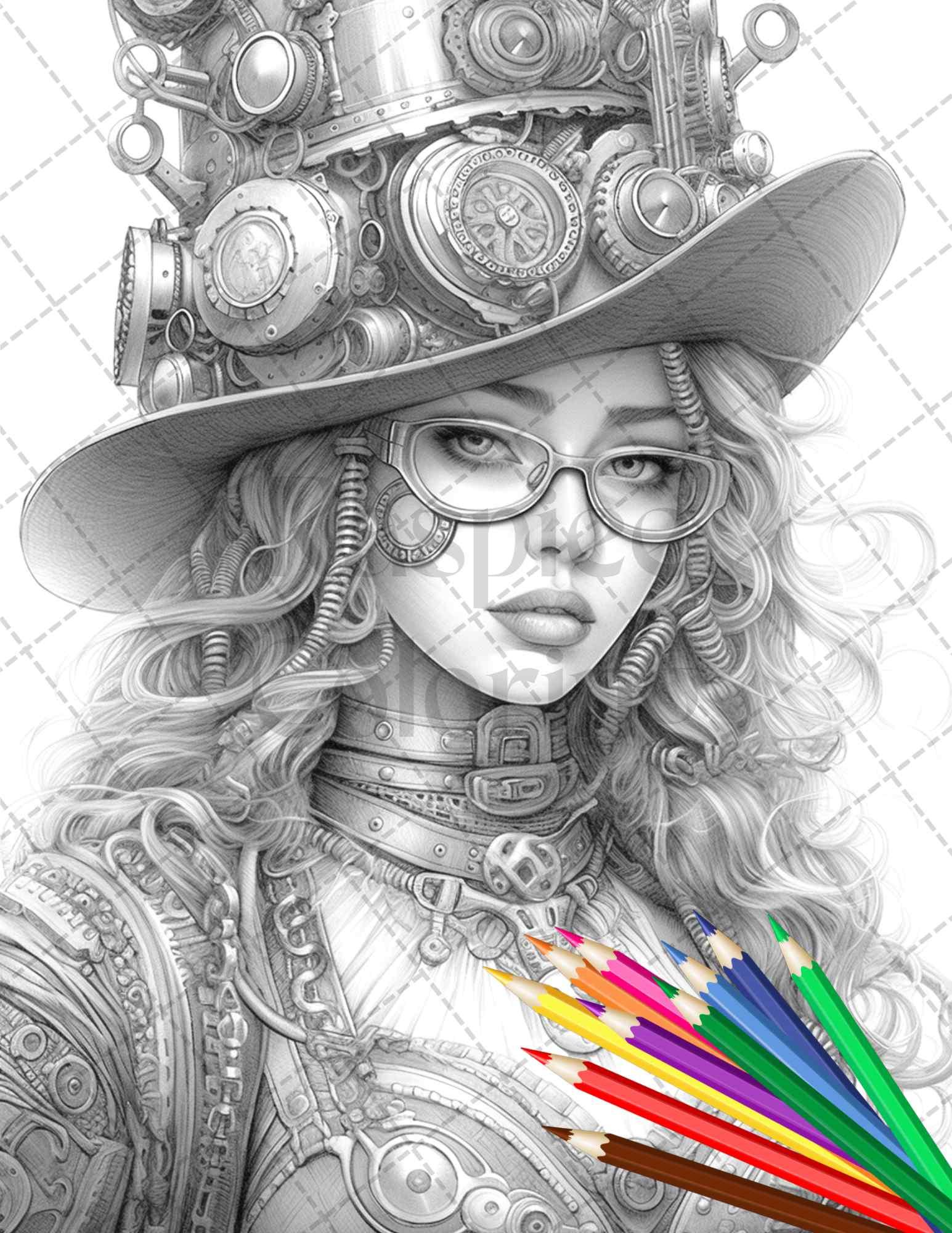 40 Steampunk Ladies Grayscale Coloring Pages Printable for Adults, PDF File Instant Download