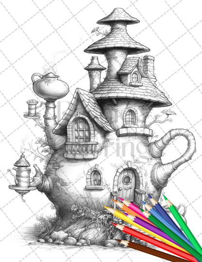 40 Teapot Fairy Houses Grayscale Coloring Pages Printable for Adults, PDF File Instant Download