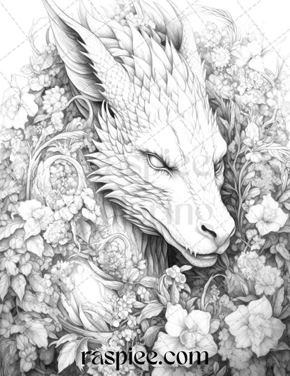 40 Flower Dragon Grayscale Coloring Pages Printable for Adults, PDF File Instant Download