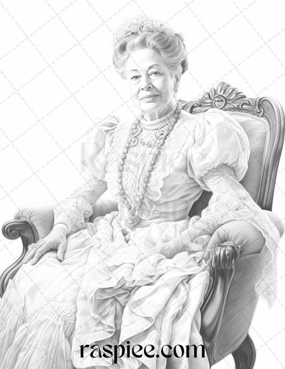 50 Victorian Grandma Grayscale Coloring Pages Printable for Adults, PDF File Instant Download