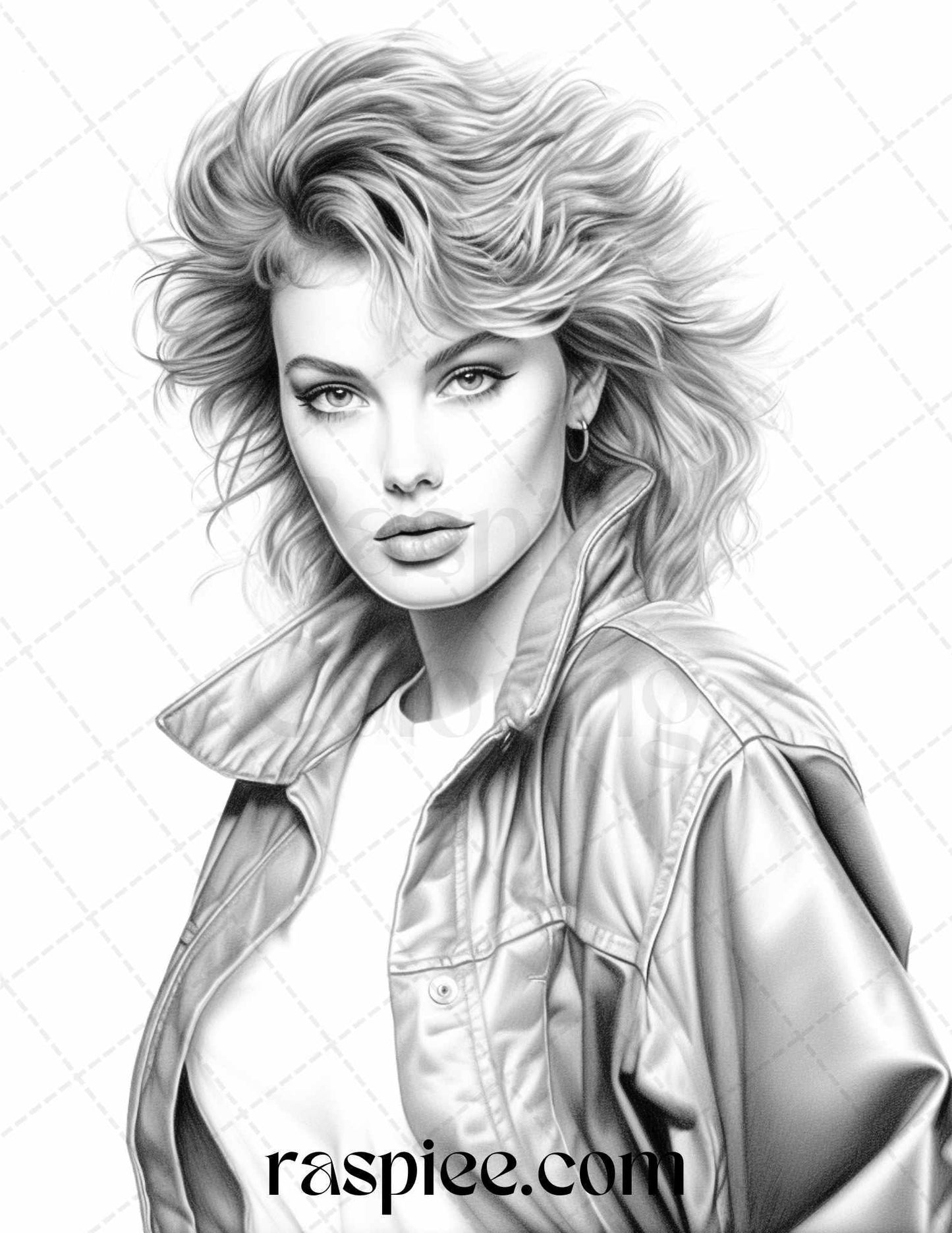 1980s Retro Beautiful Women Grayscale Coloring Pages for Adults, PDF File Instant Download