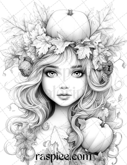 40 Pumpkin Fairy Girls Grayscale Coloring Pages Printable for Adults, PDF File Instant Download