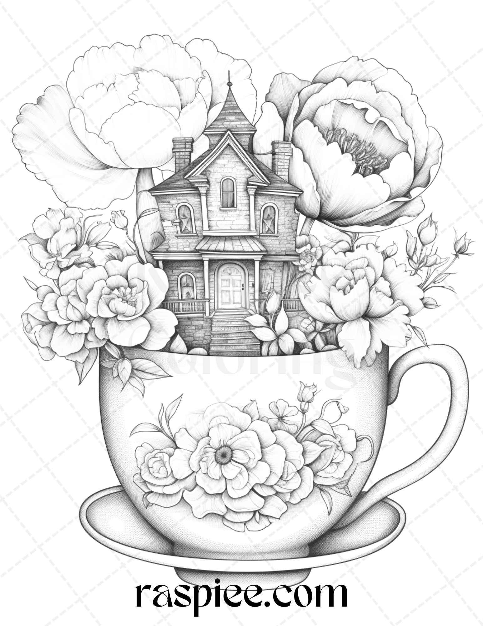 40 Flower Teacup Fairy Houses Grayscale Coloring Pages Printable for Adults, PDF File Instant Download