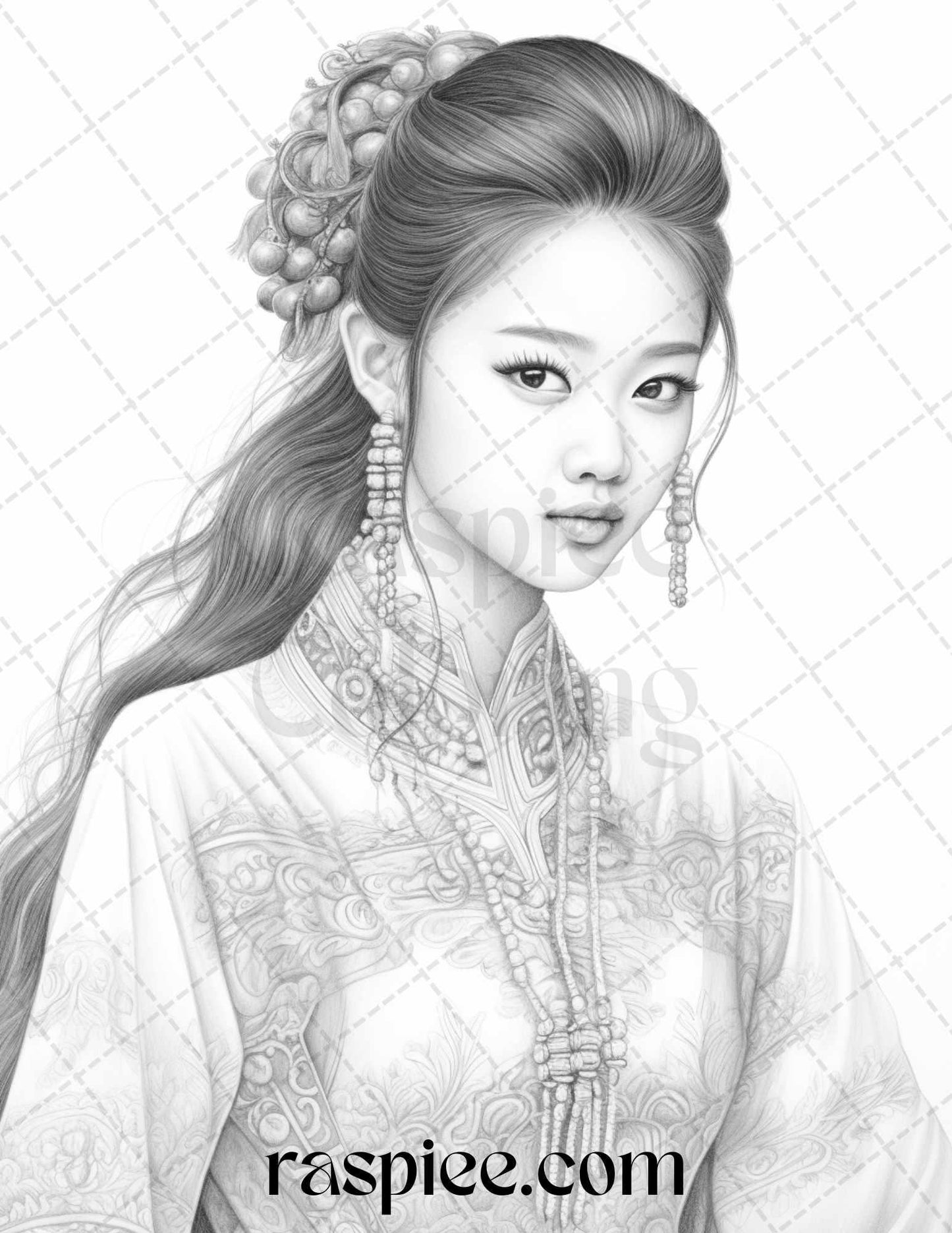 40 Beautiful Chinese Girls Grayscale Coloring Pages for Adults, Printable PDF File Instant Download