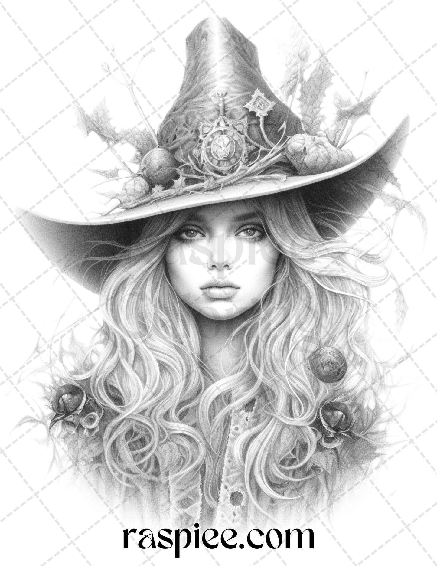 40 Beautiful Witches Grayscale Coloring Pages Printable for Adults, PDF File Instant Download