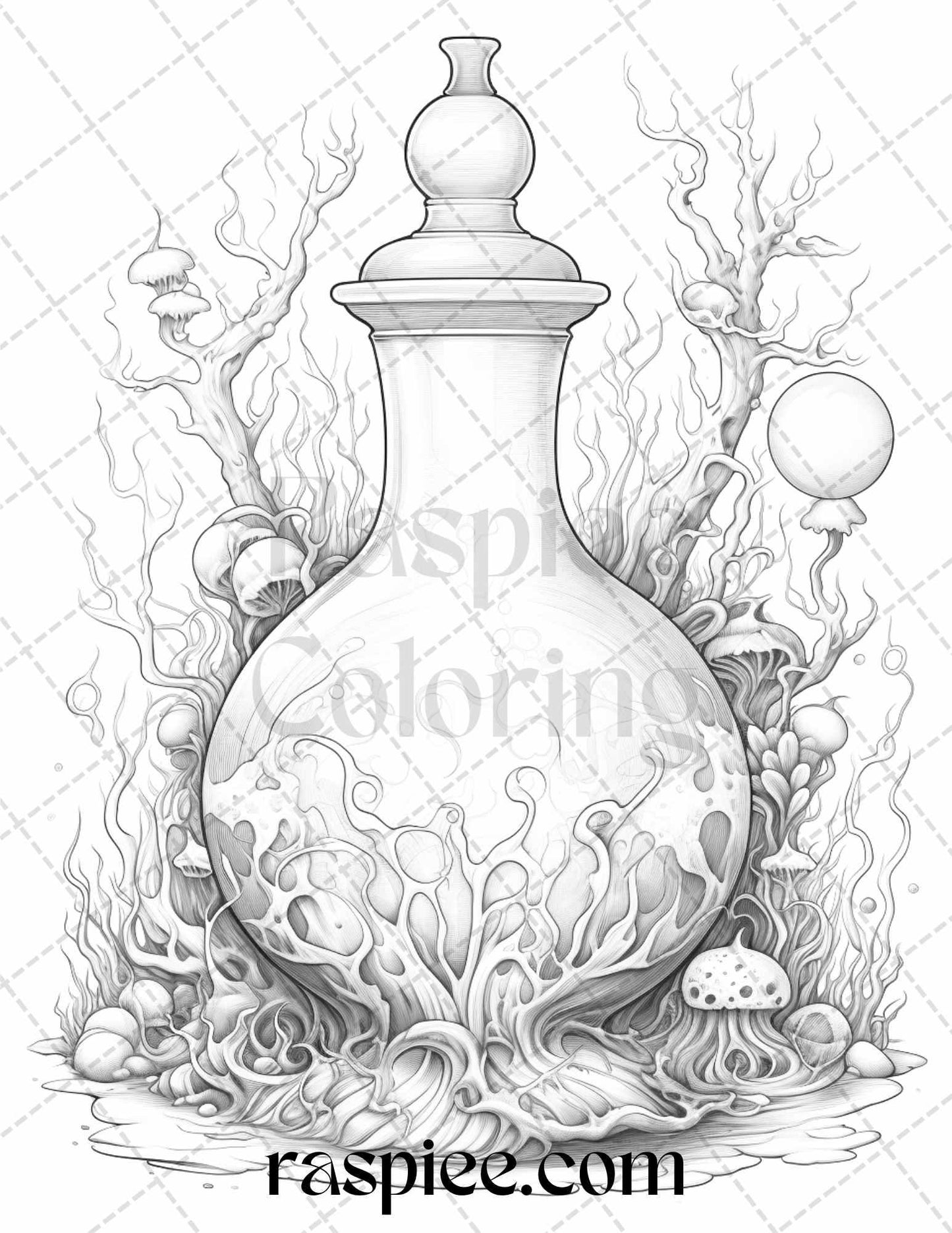 40 Mystical Magic Potions Grayscale Coloring Pages Printable for Adults, PDF File Instant Download