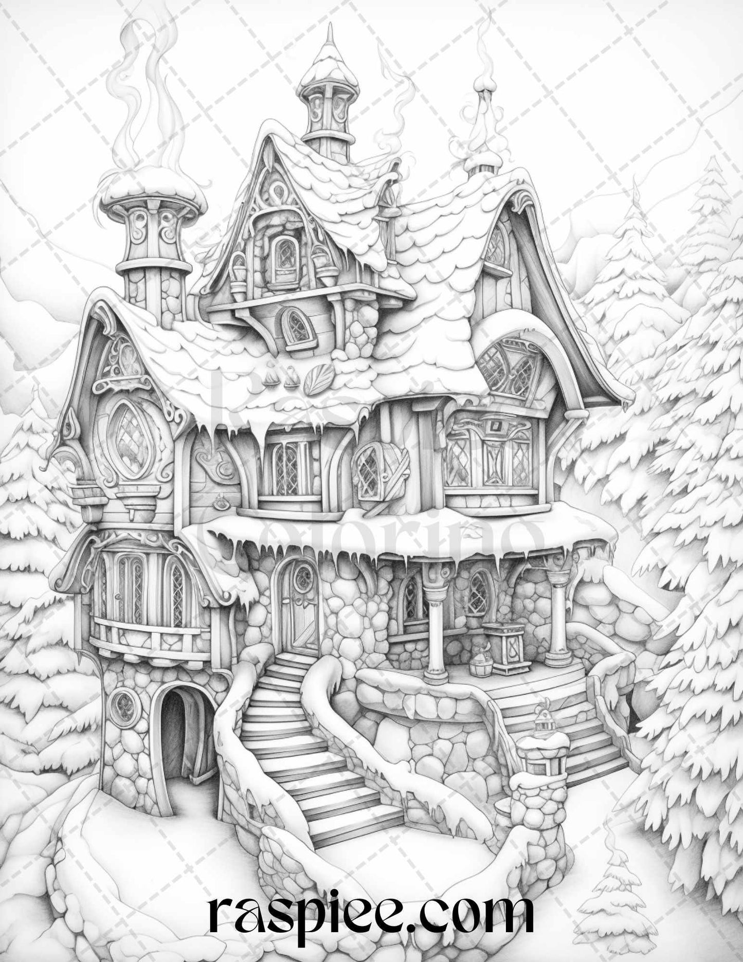 42 Fantasy Christmas Houses Grayscale Coloring Pages Printable for Adults, PDF File Instant Download