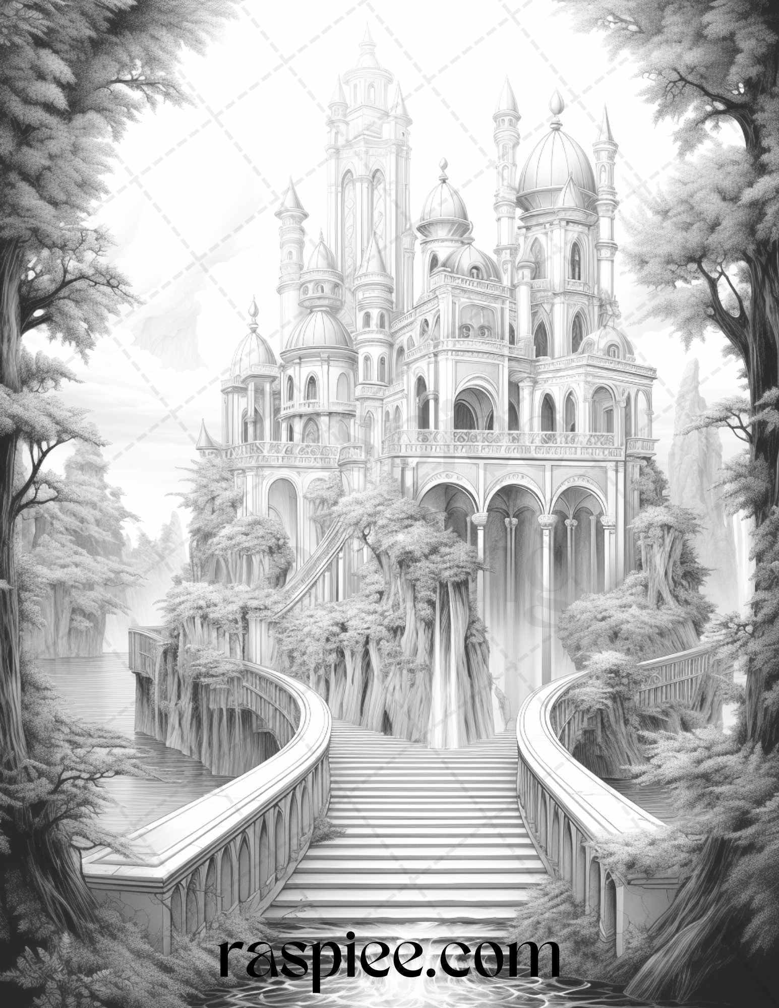 40 Fantasy Landscapes Grayscale Coloring Pages Printable for Adults, PDF File Instant Download