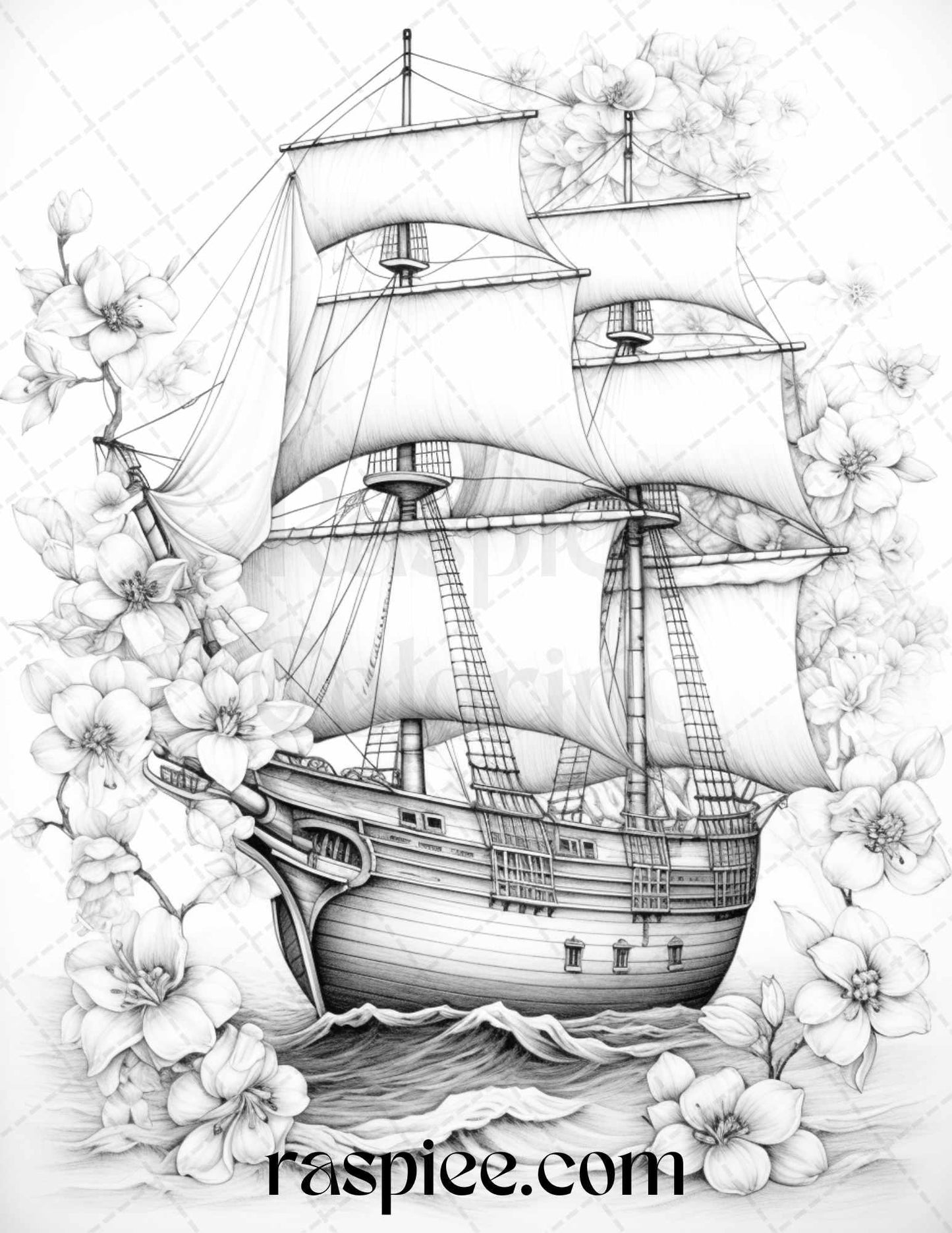 44 Flower Ships Graysale Coloring Pages Printable for Adults, PDF File Instant Download