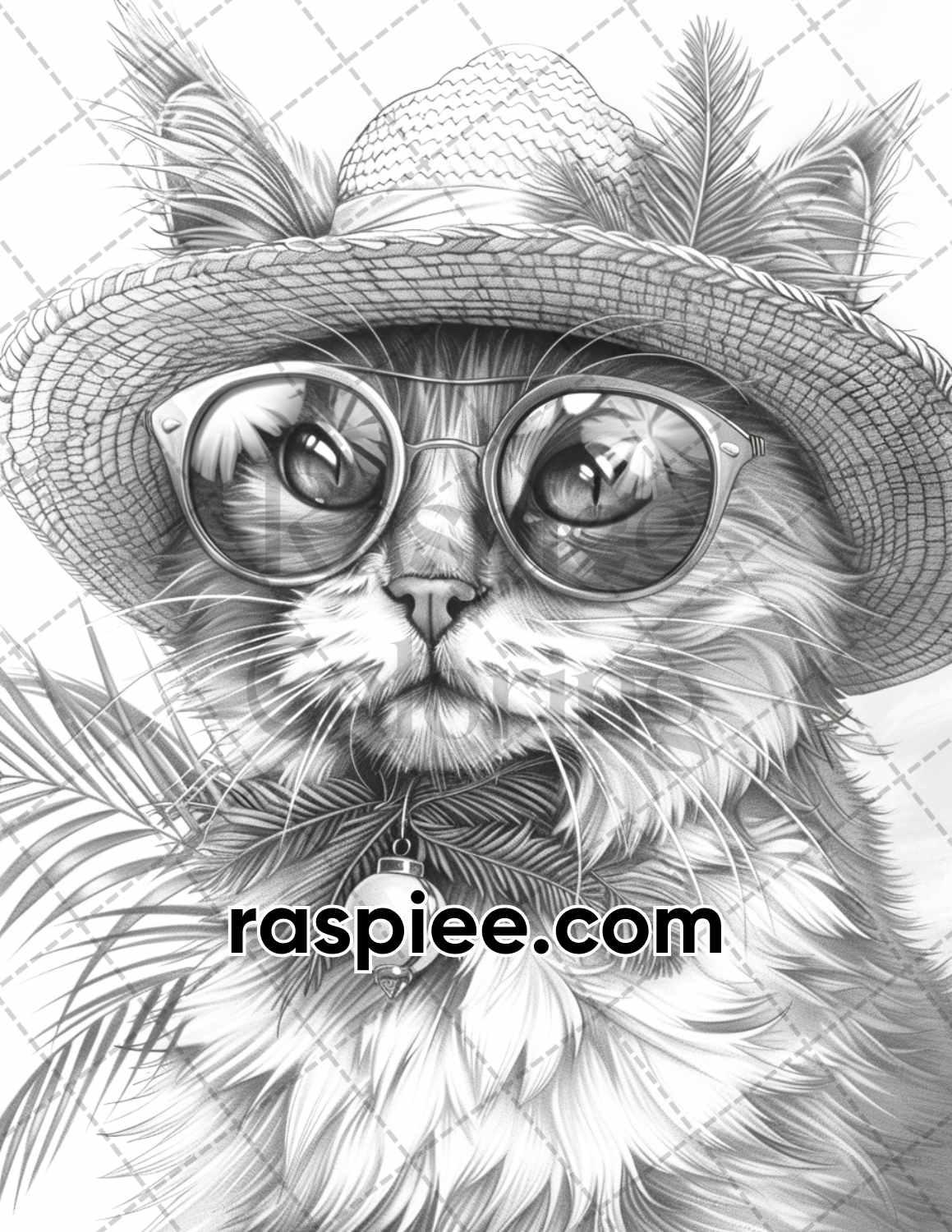 100 Summer Cats Grayscale Adult Coloring Pages, Printable PDF Instant Download