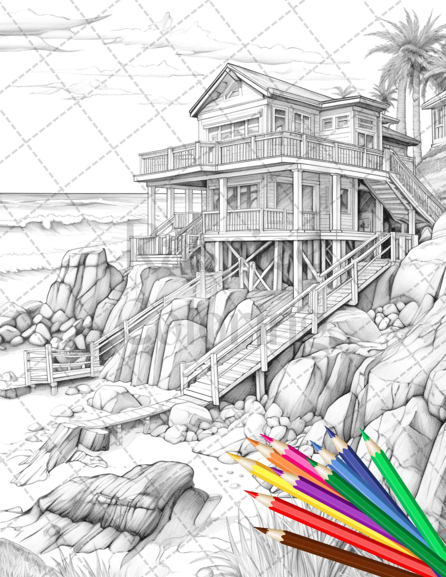 42 Wooden Beach Houses Grayscale Coloring Pages Printable for Adults, PDF File Instant Download