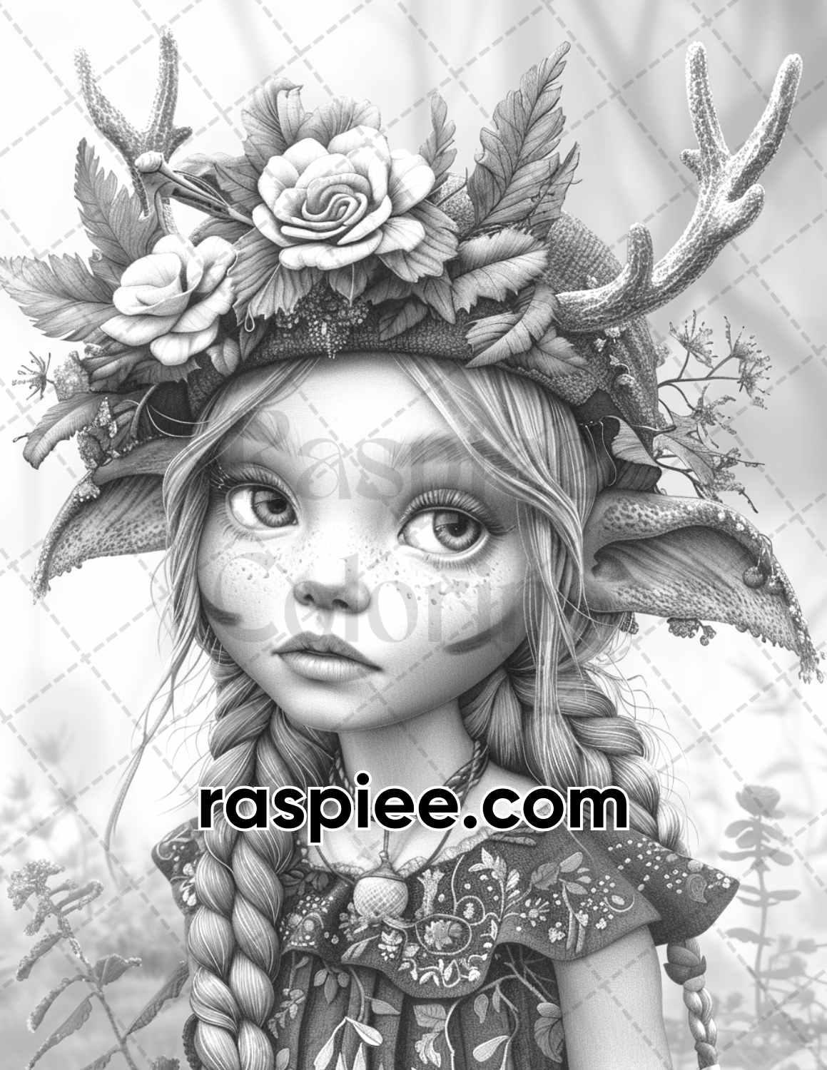 62 Magical Fairy Antler Grayscale Adult Coloring Pages, Printable PDF Instant Download