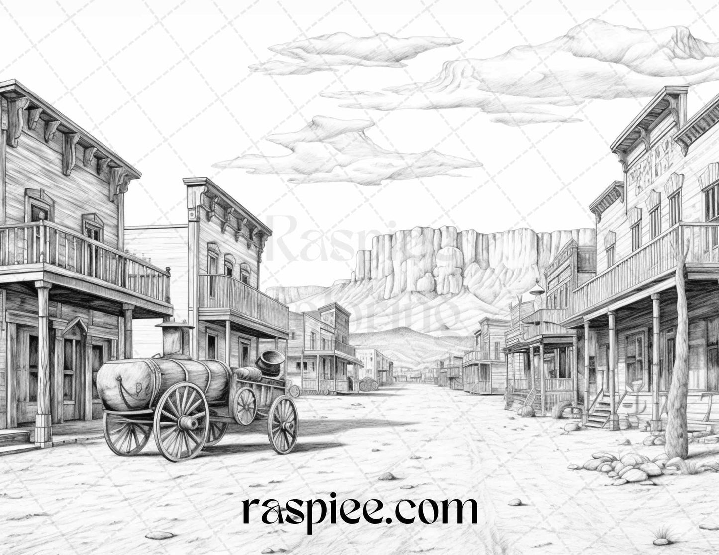 40 Wild West Towns Grayscale Coloring Pages Printable for Adults, PDF File Instant Download