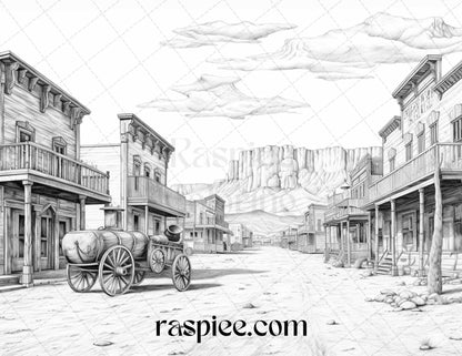 40 Wild West Towns Grayscale Coloring Pages Printable for Adults, PDF File Instant Download