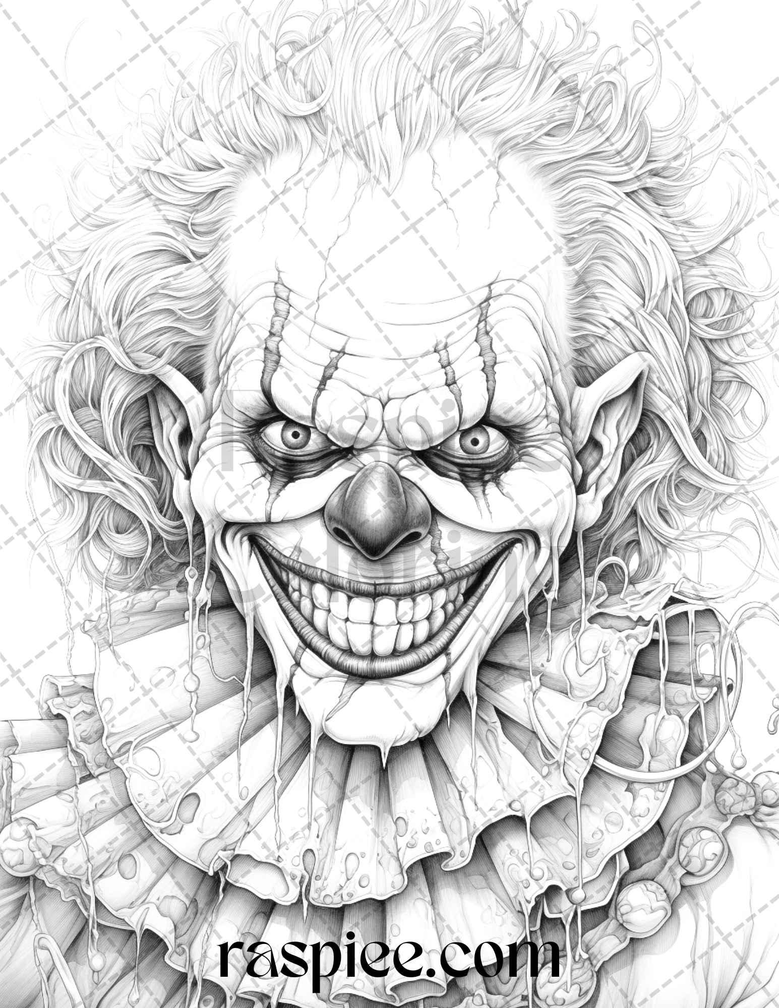 40 Spooky Clowns Grayscale Coloring Pages Printable for Adults, PDF File Instant Download