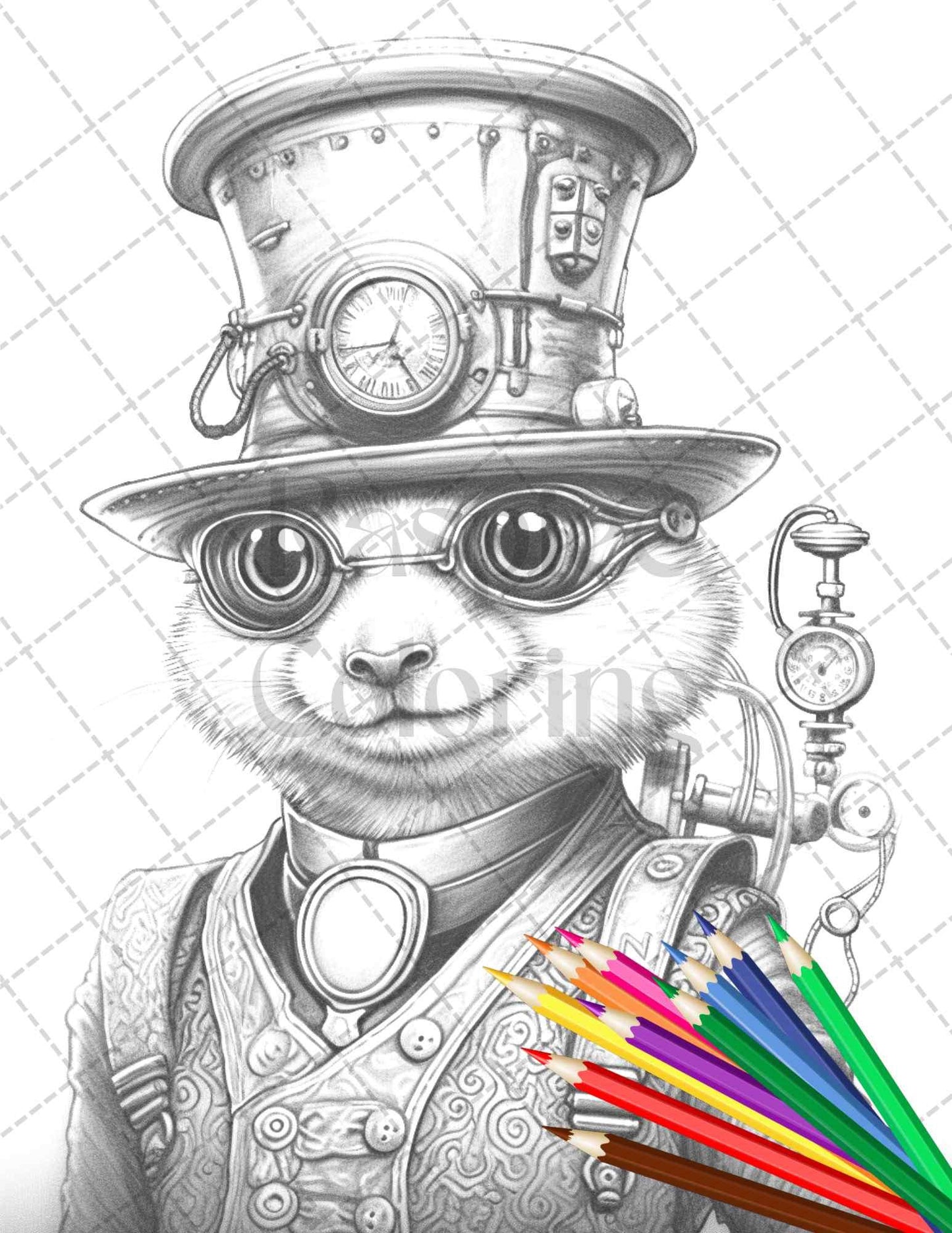 45 Steampunk Animals Grayscale Coloring Pages Printable for Adults Vol. 2, PDF File Instant Download