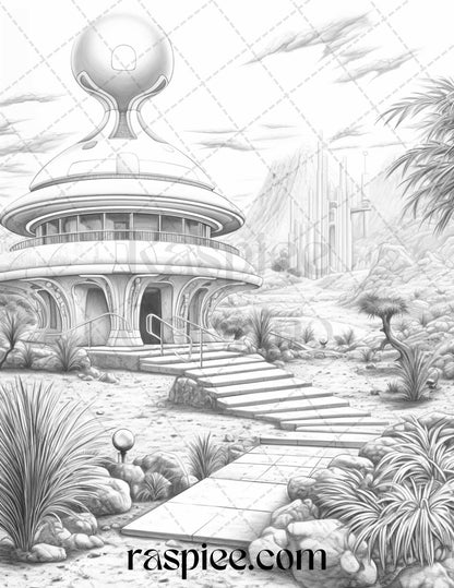 40 Alien Houses Grayscale Coloring Pages for Adults, Printable PDF File Instant Download