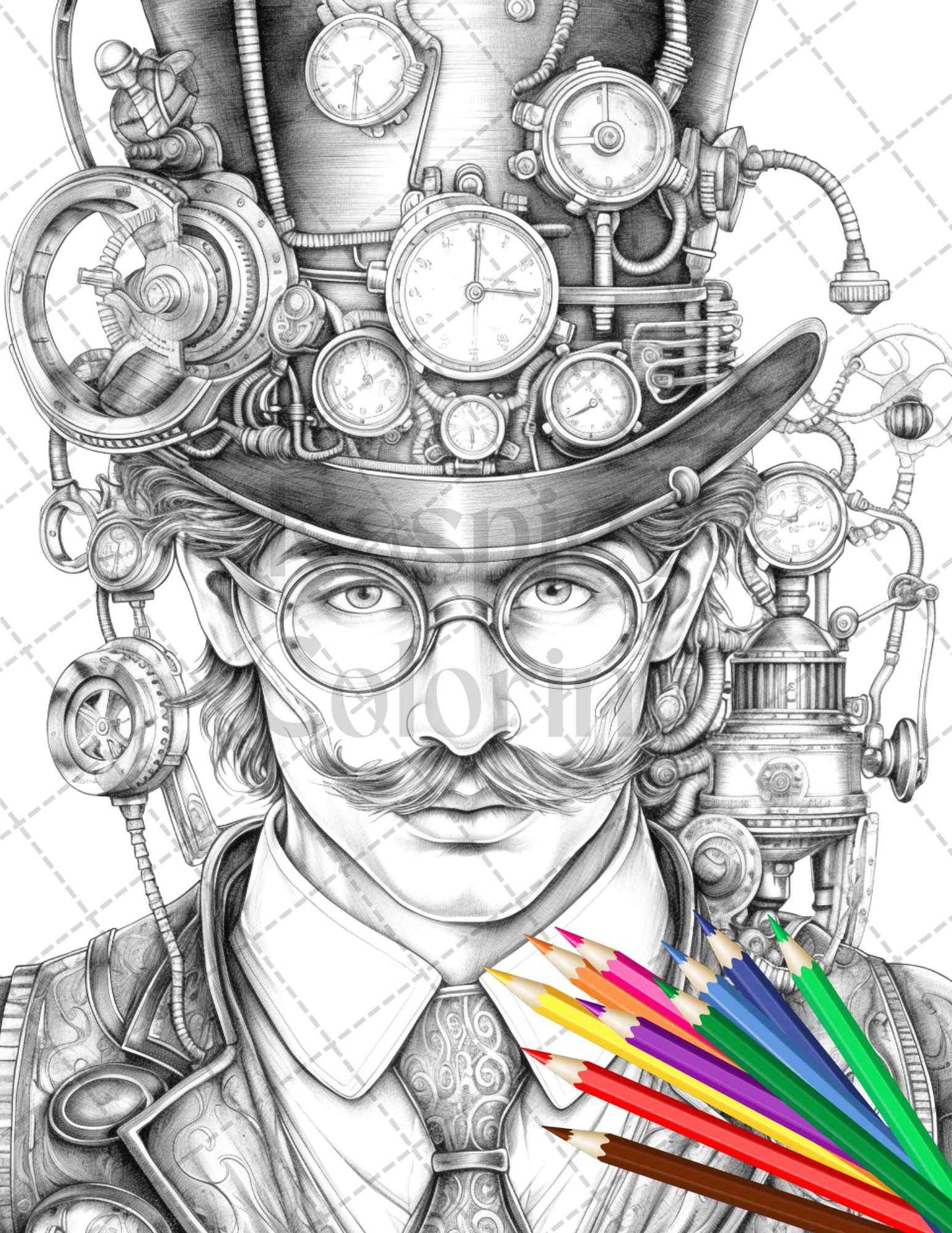 42 Steampunk Mens Grayscale Coloring Pages Printable for Adults, PDF File Instant Download