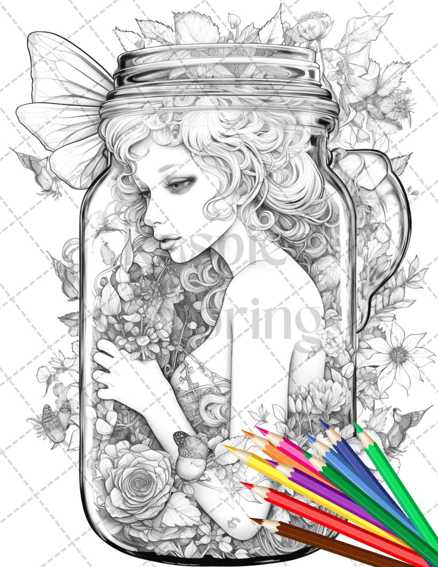 40 Beautiful Fairies in Jar Grayscale Coloring Pages Printable for Adults, PDF File Instant Download