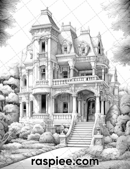 40 Victorian Mansions Grayscale Coloring Pages for Adults, Printable PDF Instant Download