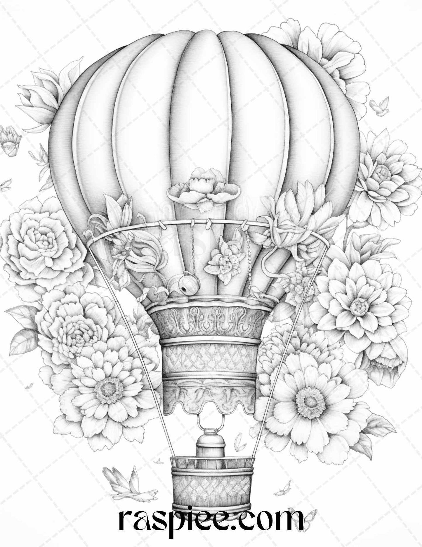 42 Flower Hot Air Balloons Grayscale Coloring Pages Printable for Adults, PDF File Instant Download