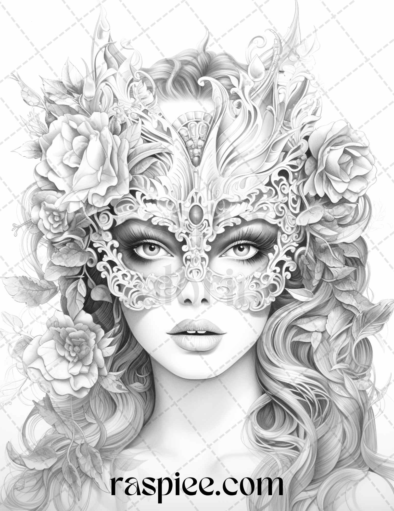 40 Masquerade Girls Grayscale Coloring Pages Printable for Adults, PDF File Instant Download