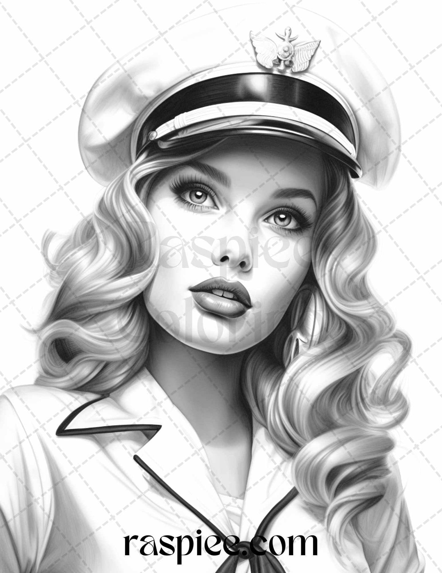 40 Sailor Pin Up Girls Grayscale Coloring Pages Printable for Adults, PDF File Instant Download