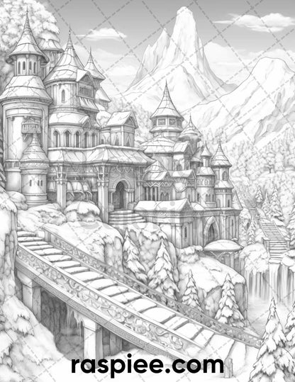 40 Fantasy Winter Village Grayscale Coloring Pages for Adults, PDF File Instant Download