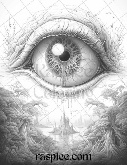 40 Surrealism Eyes Grayscale Coloring Pages Printable for Adults, PDF File Instant Download