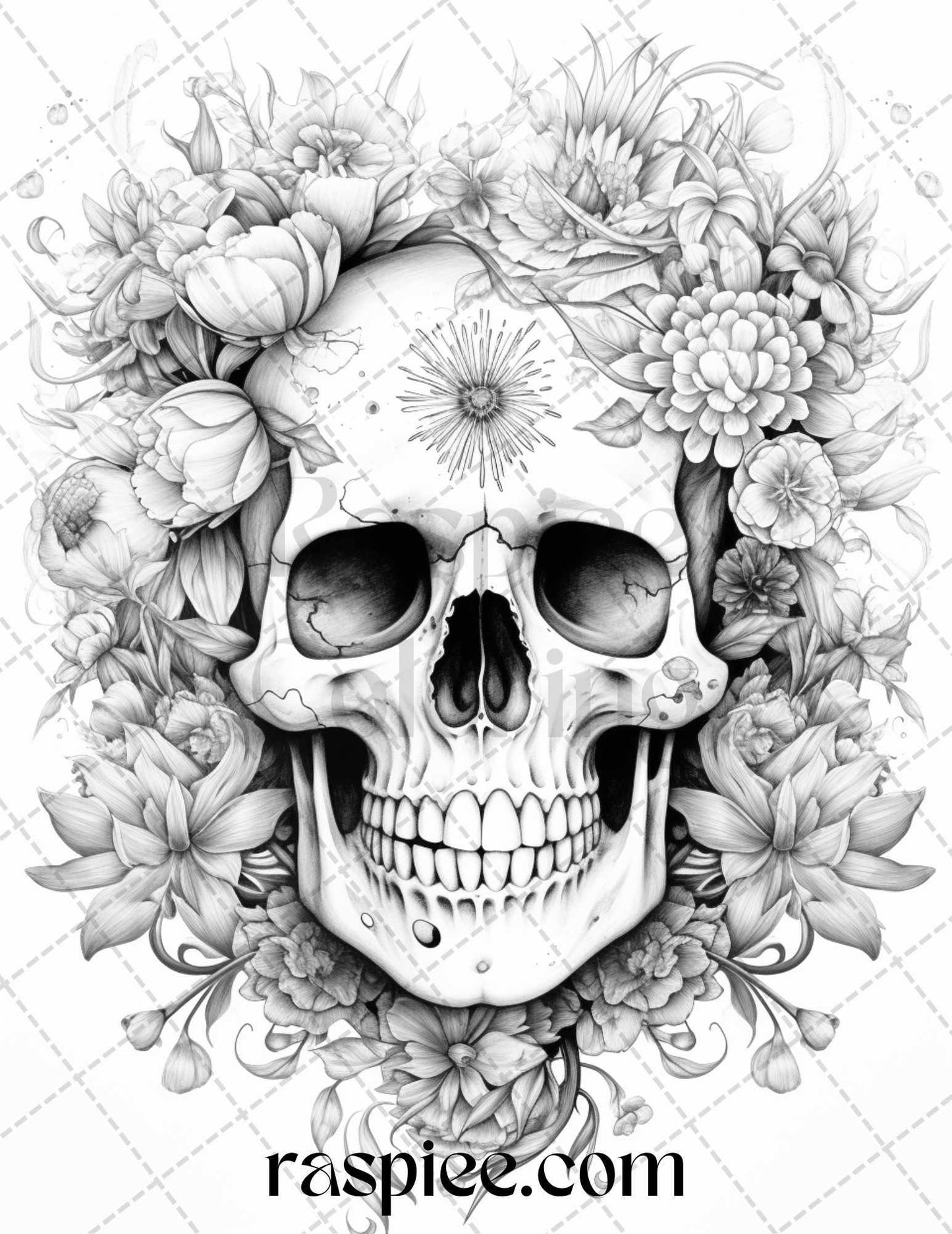 42 Floral Skull Grayscale Coloring Pages for Adults, Stress Relief Coloring Sheets, Printable PDF File Instant Download