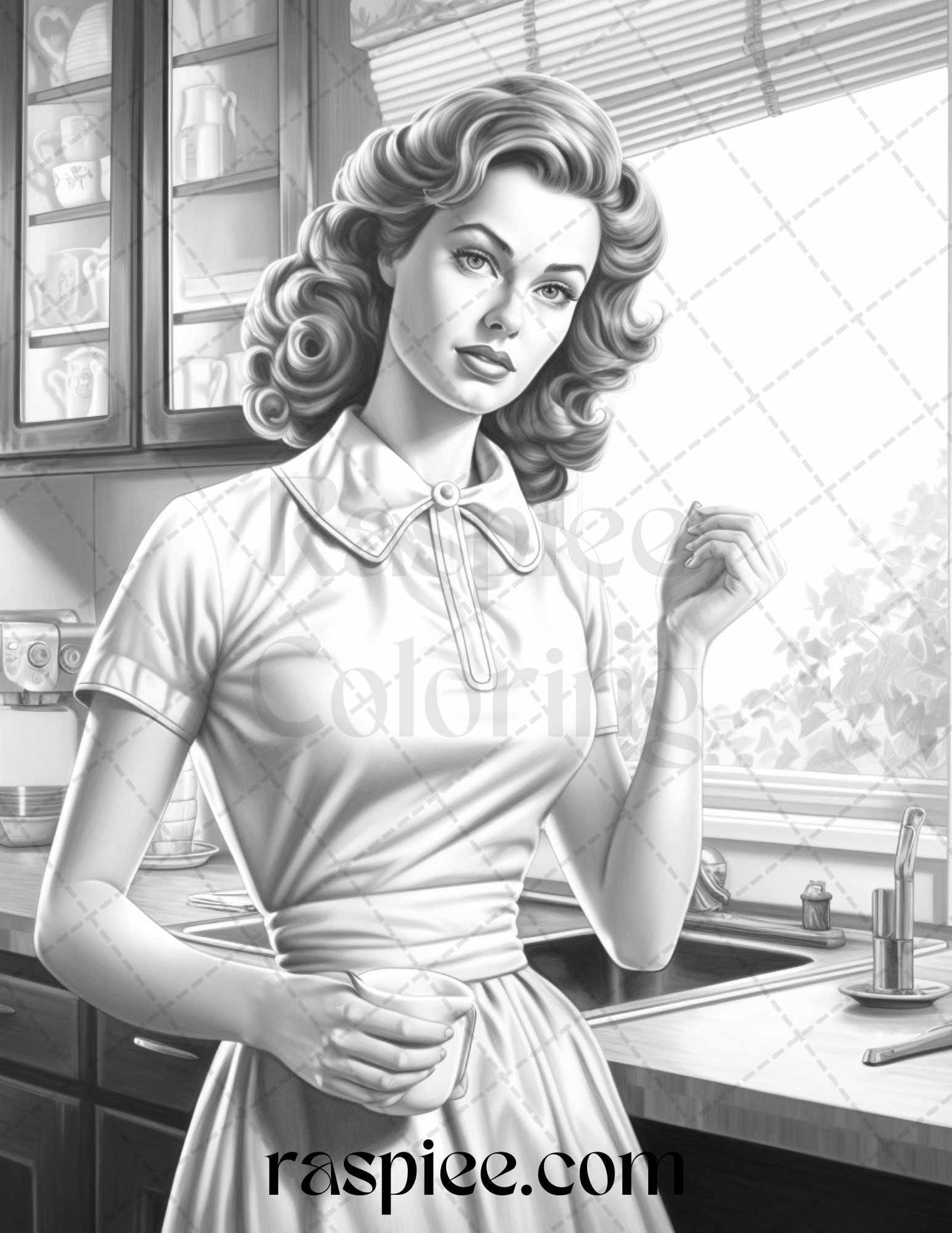 40 Retro Housewives Grayscale Coloring Pages for Adults, Printable PDF File Instant Download