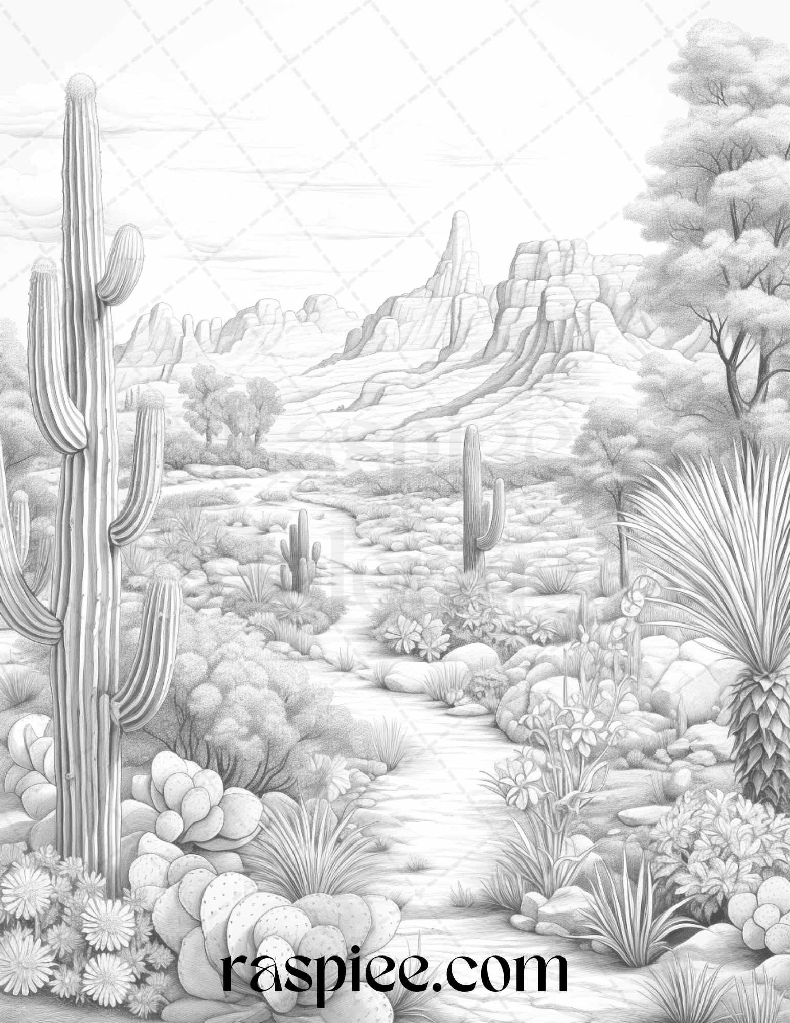 40 Desert Landscapes Grayscale Coloring Pages Printable for Adults, PDF File Instant Download