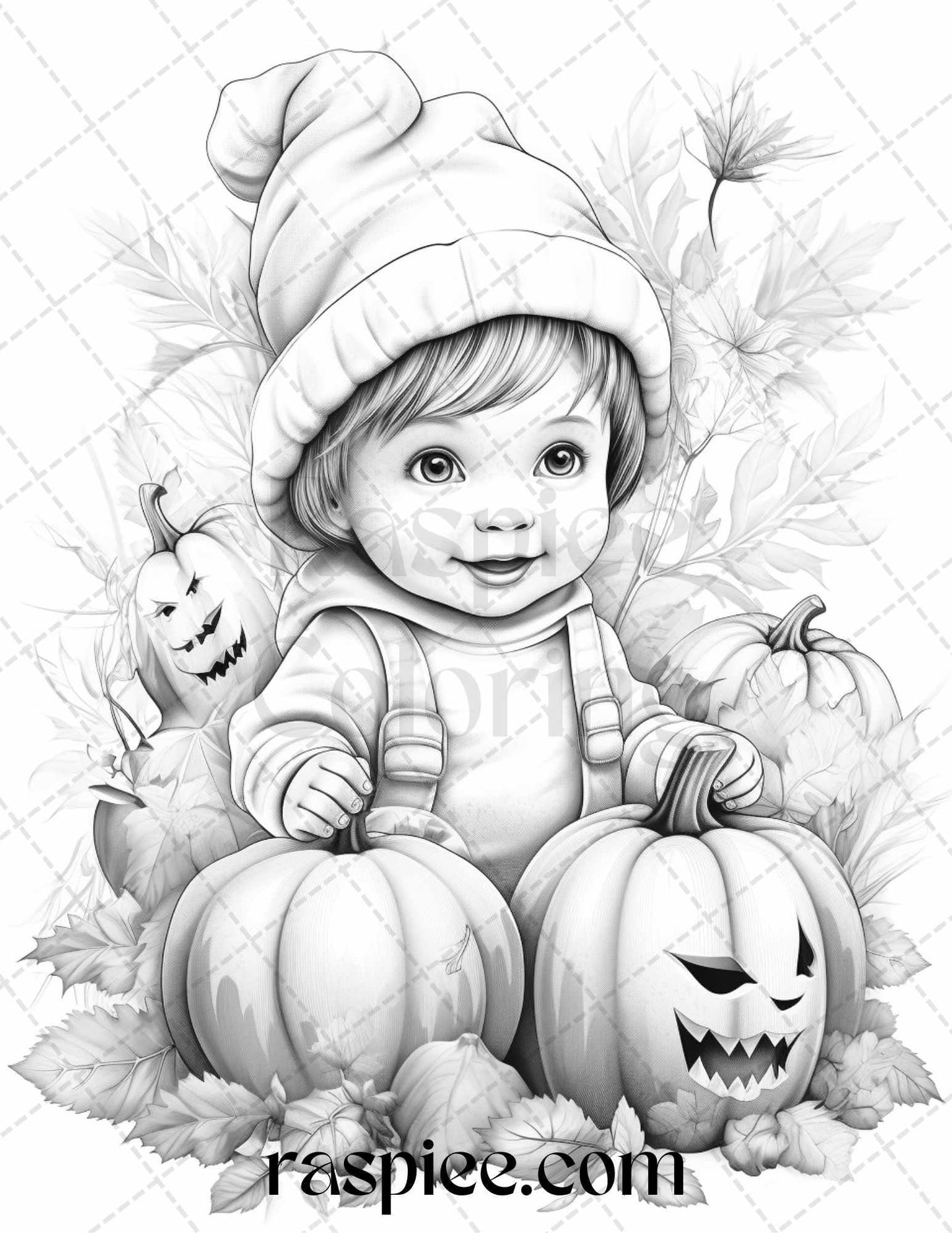 40 Pumpkin Babies Grayscale Coloring Pages for Adults and Kids, Printable PDF File Instant Download