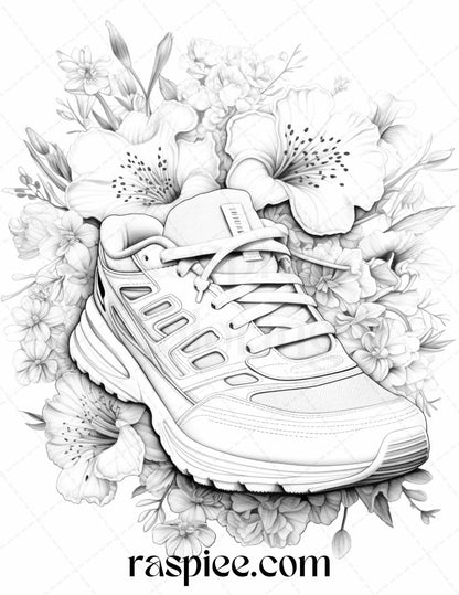 40 Flower Sneakers Grayscale Coloring Pages Printable for Adults, PDF File Instant Download