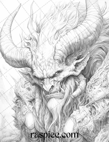 43 Fantasy Demons Grayscale Coloring Pages for Adults, Printable PDF File Instant Download