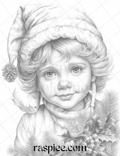 110 Christmas Elves Grayscale Coloring Pages Printable for Adults Kids, PDF File Instant Download