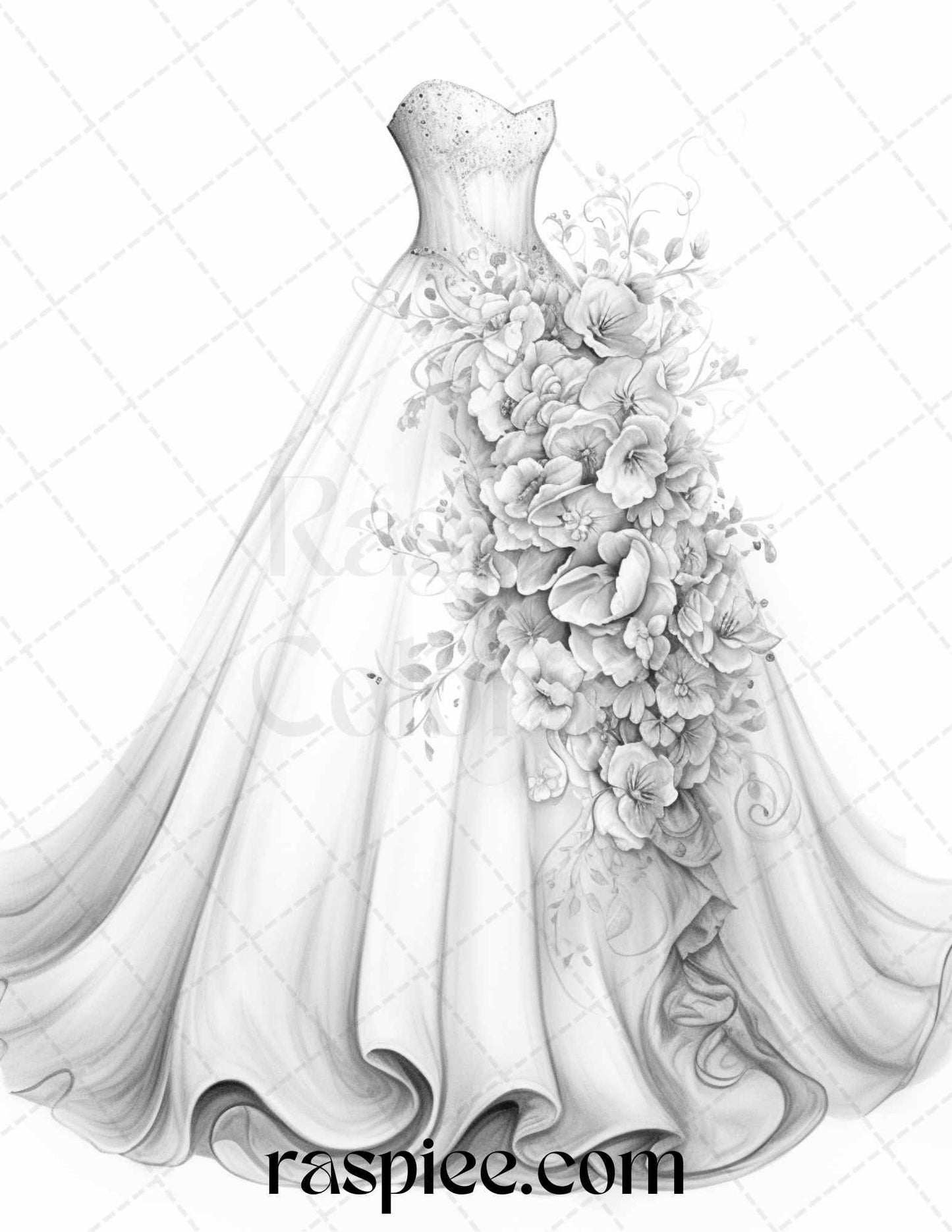 40 Elegant Floral Wedding Dresses Grayscale Coloring Pages Printable for Adults, PDF File Instant Download