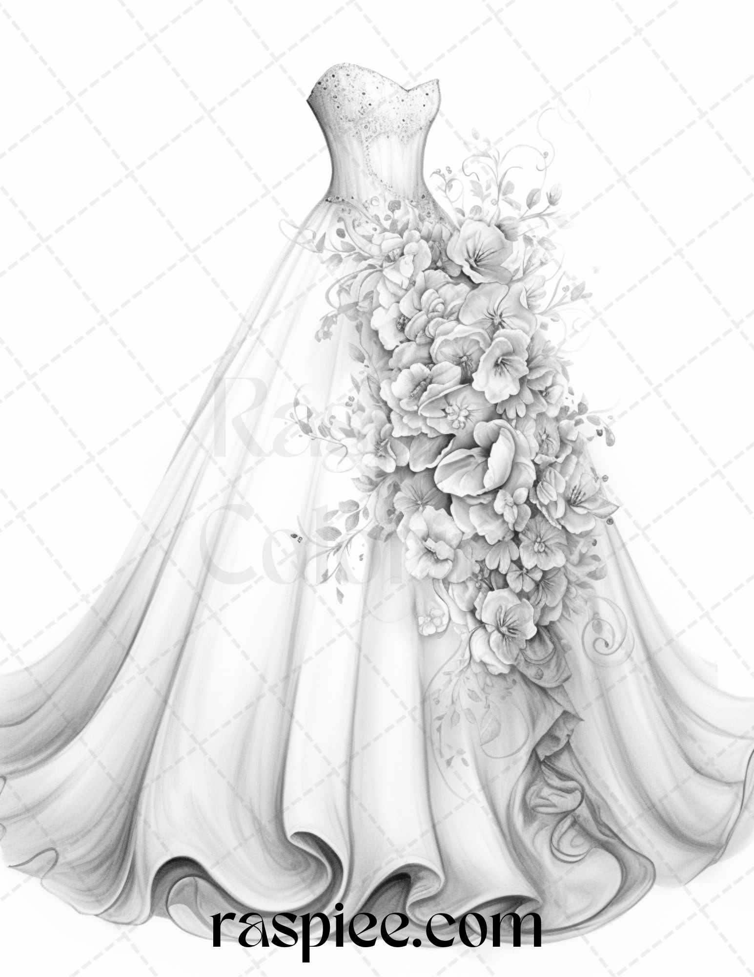 40 Elegant Floral Wedding Dresses Grayscale Coloring Pages Printable for Adults, PDF File Instant Download