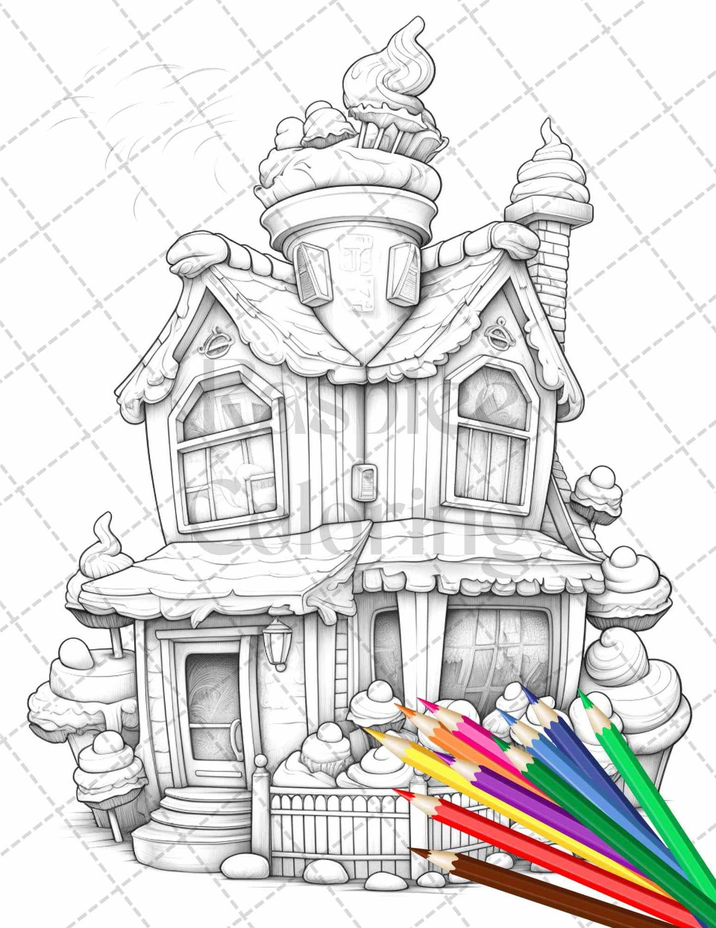 50 Adorable Cake Houses Grayscale Coloring Pages Printable for Adults and Kids, PDF File Instant Download