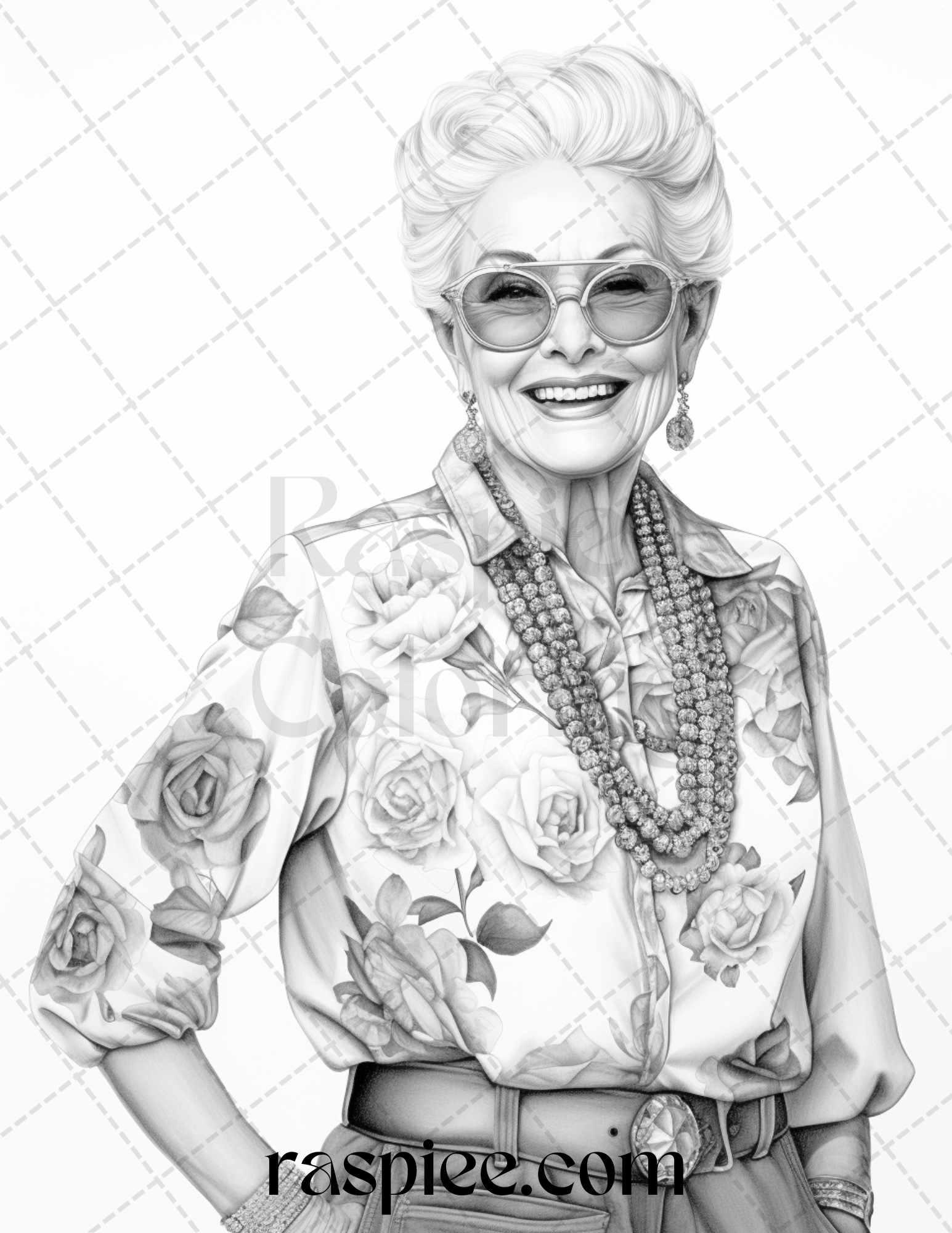 40 Fashionista Grandma Grayscale Coloring Pages Printable for Adults, PDF File Instant Download