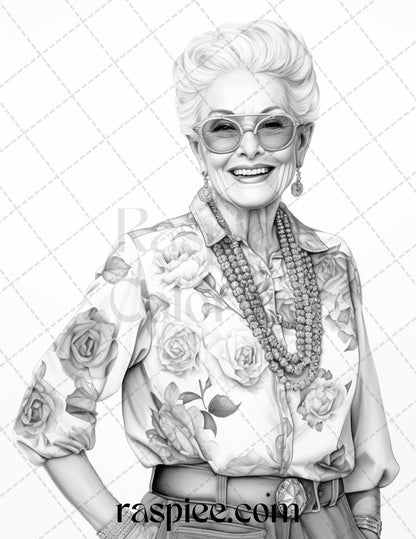 40 Fashionista Grandma Grayscale Coloring Pages Printable for Adults, PDF File Instant Download