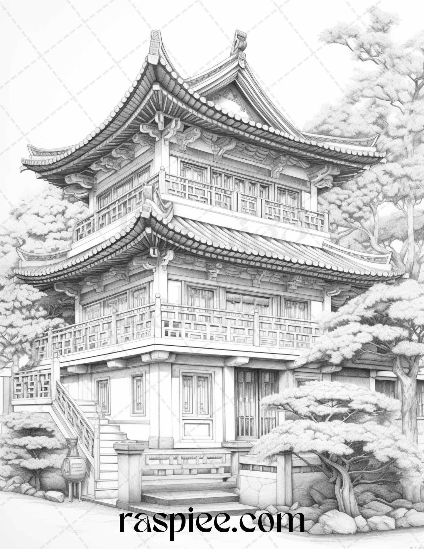 40 Traditional Chinese Houses Grayscale Coloring Pages Printable for Adults, PDF File Instant Download