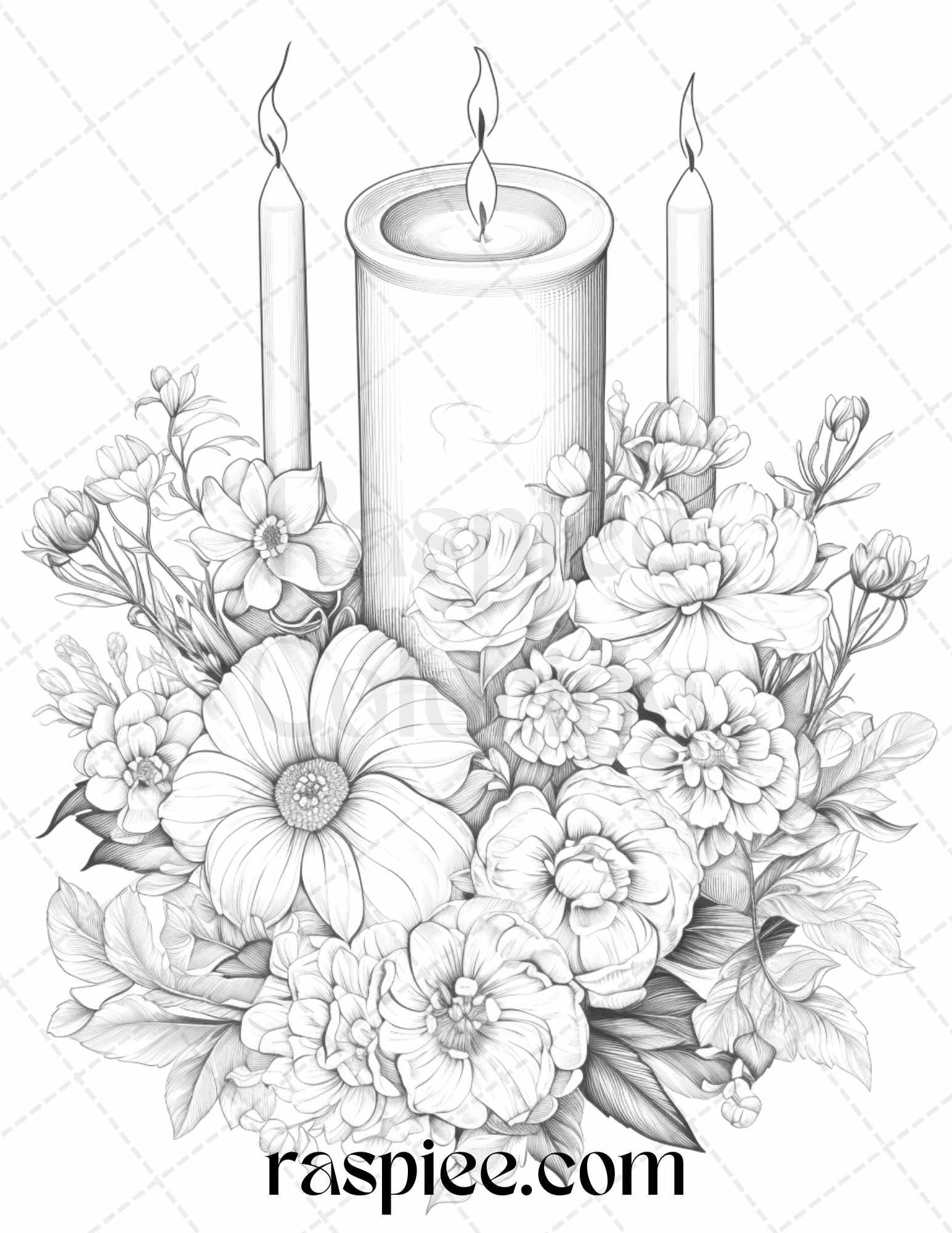 40 Flower Candles Grayscale Coloring Pages Printable for Adults, PDF File Instant Download