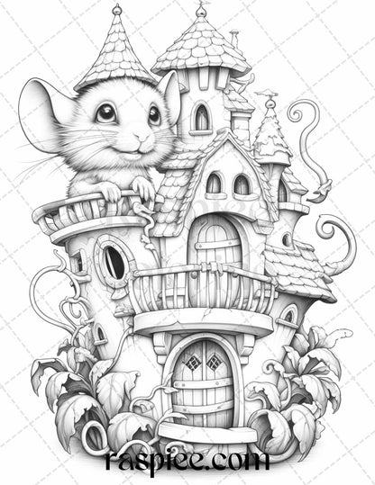 40 Magical Mouse Houses Grayscale Coloring Pages Printable for Adults, PDF File Instant Download