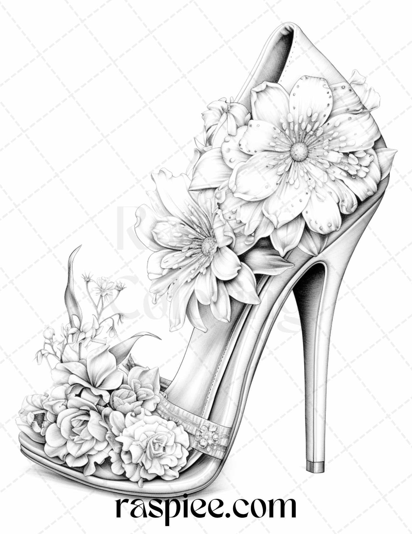 40 Flower Wedding Shoes Grayscale Coloring Pages Printable for Adults, PDF File Instant Download