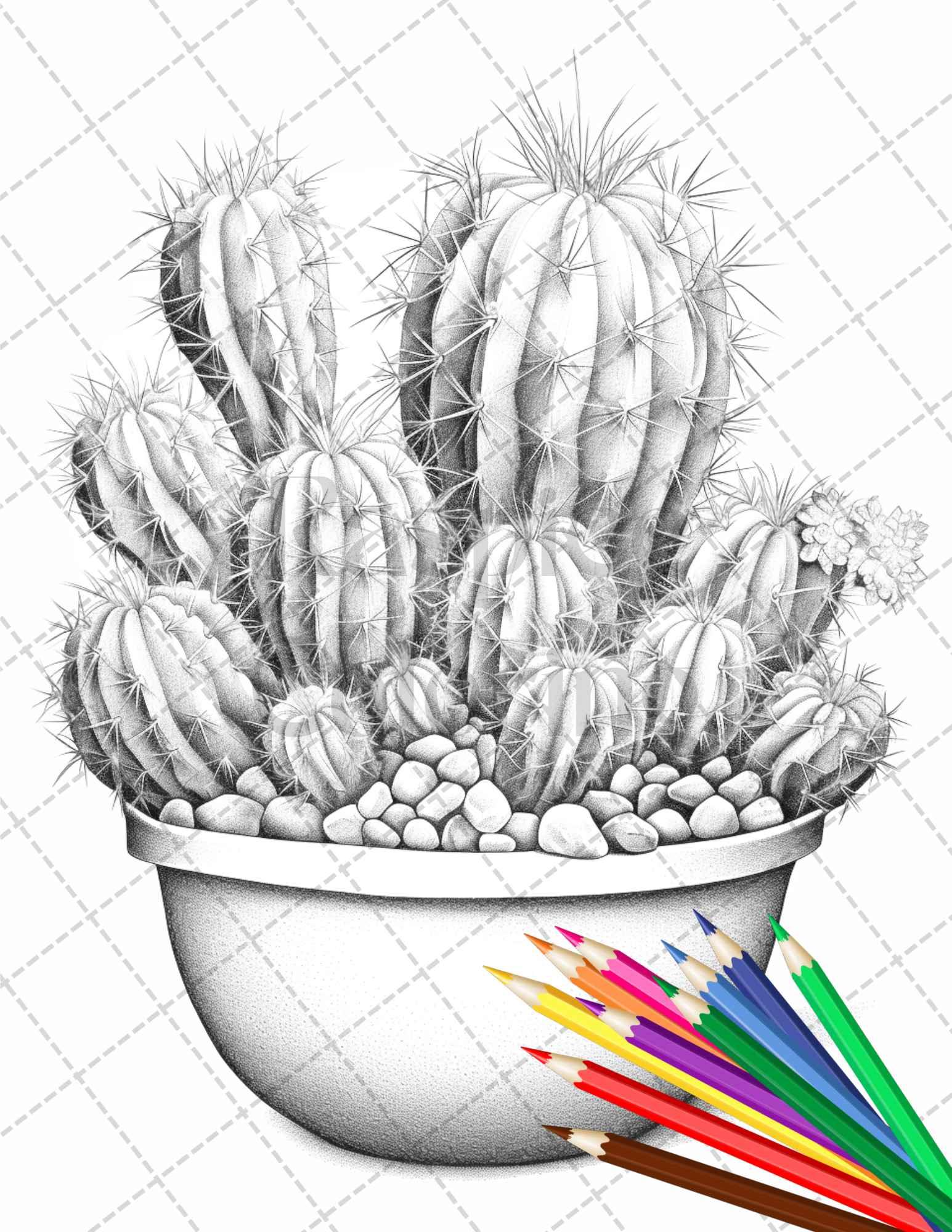 40 Charming Cactus Pots Grayscale Coloring Pages Printable for Adults, PDF File Instant Download