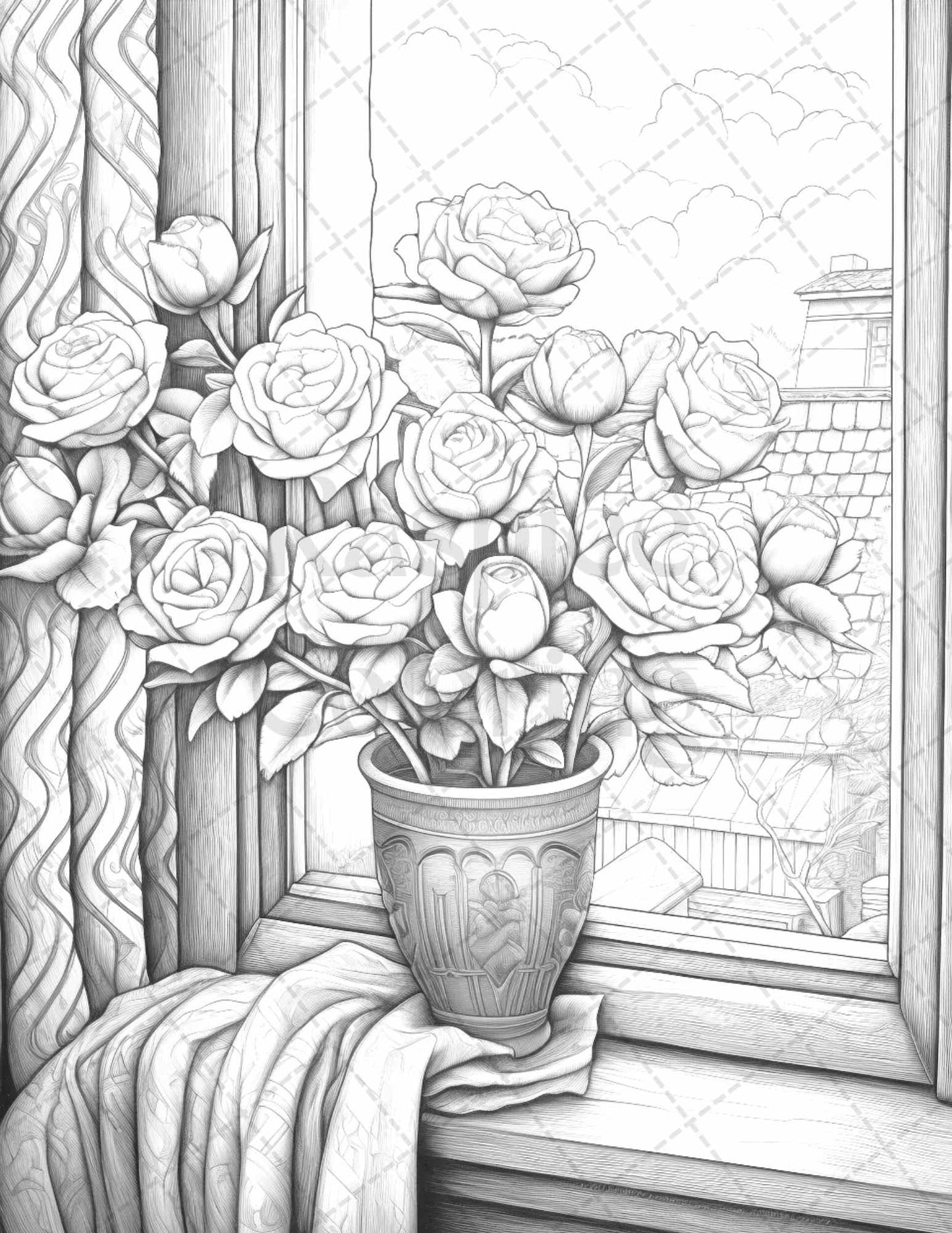 40 Captivating Roses Grayscale Coloring Pages Printable for Adults, PDF File Instant Download