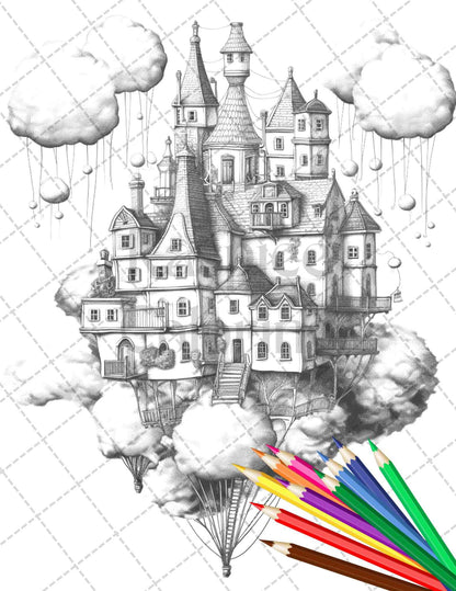 40 Fantasy Sky Houses Grayscale Coloring Pages Printable for Adults, PDF File Instant Download