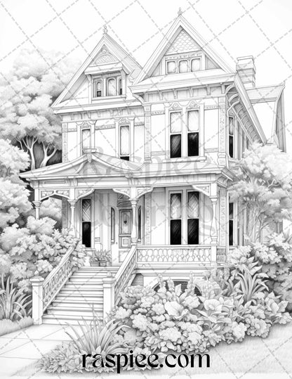 40 Victorian Houses Grayscale Coloring Pages Printable for Adults, PDF File Instant Download